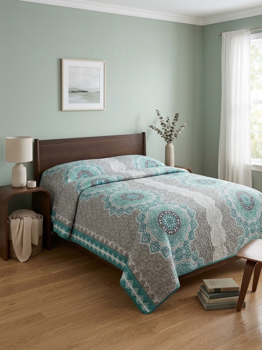 Turquoise Gray Medallion Quilt - Home Bedding
